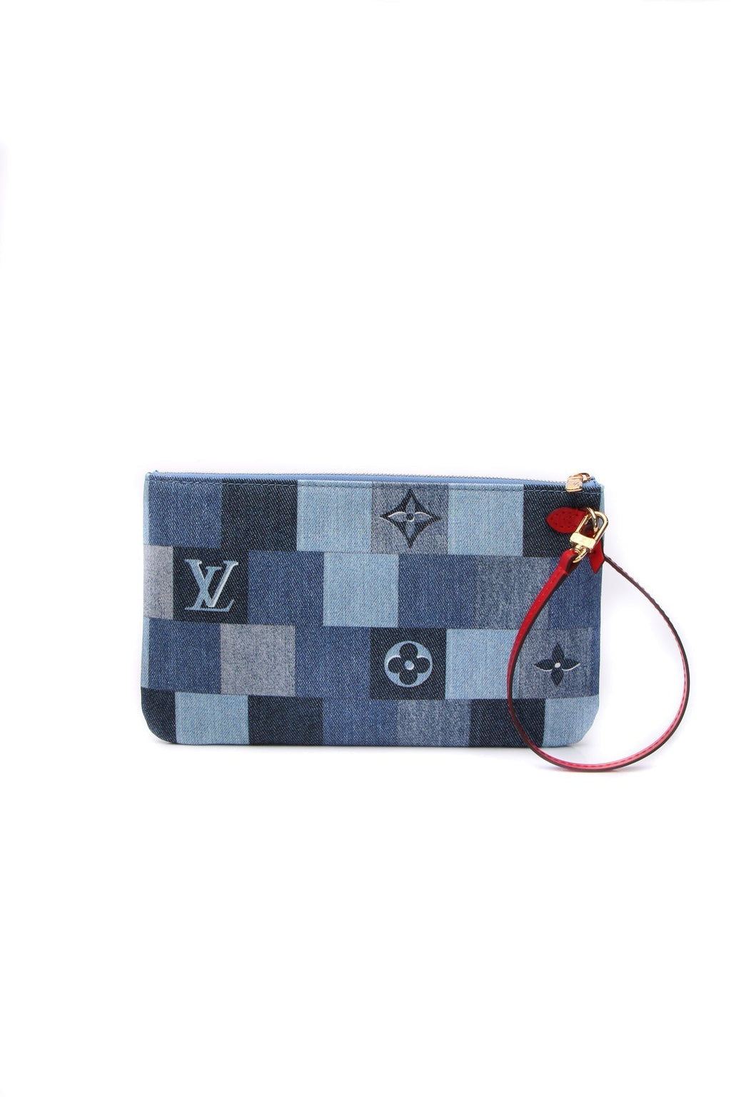 Patchwork Neverfull Pouch Wristlet - Blue Denim Damier