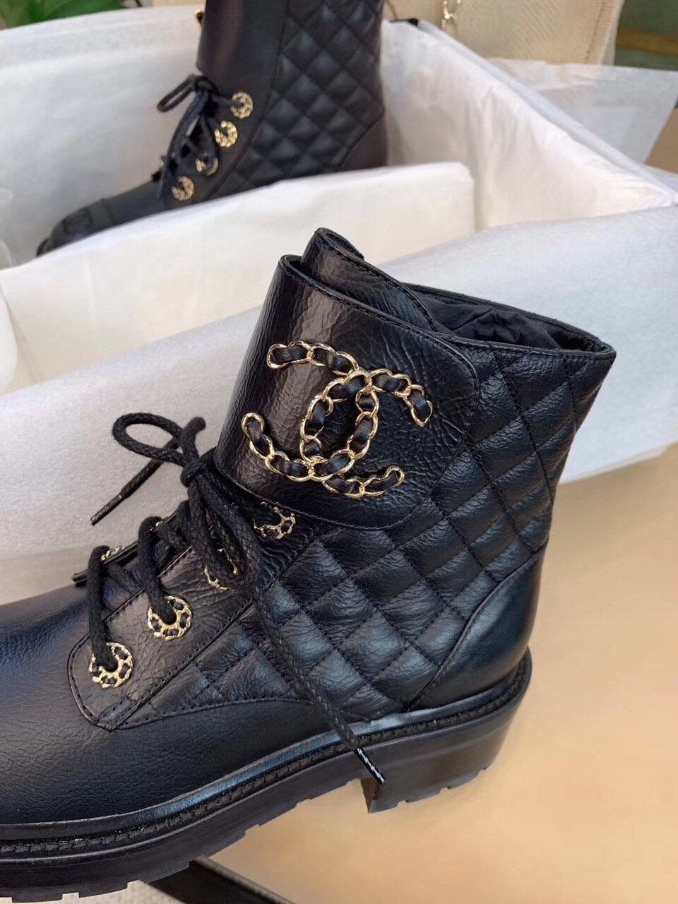 Chanel Quilted CC Lace Up Boots Lambskin Leather Spring/Summer Collection, Black