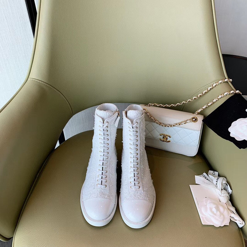 Chanel Tweed Lace Up Combat Boots Calfskin Leather Spring/Summe Collection, White