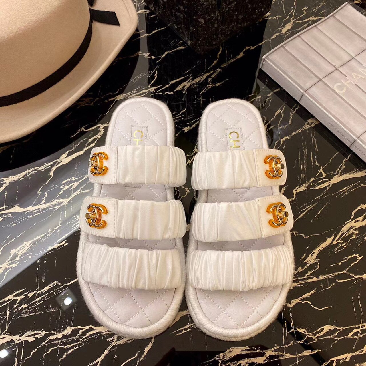 Chanel Ruched Mule Sandals Calfskin Leather Spring/Summer Collection White