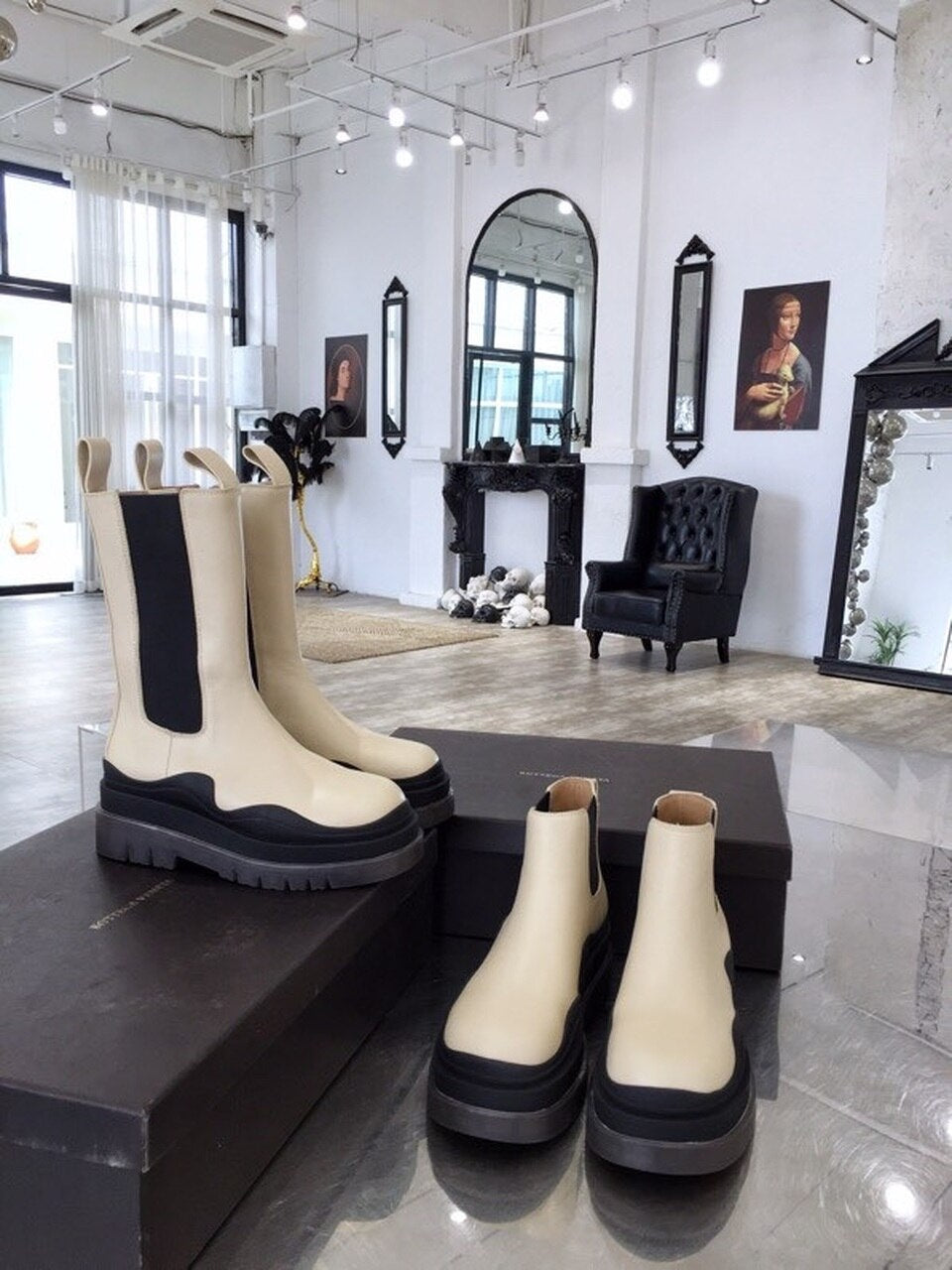 Bottega Veneta Flat Triple-Sole Leather Booties Calfskin Leather Fall/Winter 2020 Collection, Ivory/Black