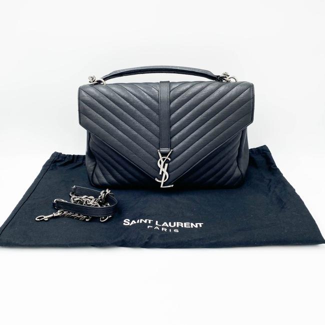 SAINT LAURENT Sheepskin Matelasse Chevron Monogram Large College Satchel Black Leather Shoulder Bag