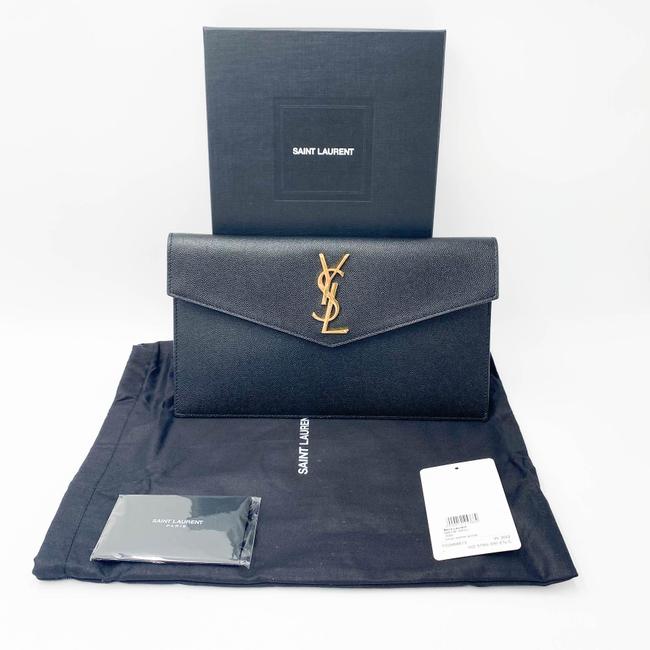 Saint Laurent Envelope Uptown Monogram Plaque Grained-leather Black Leather Clutch