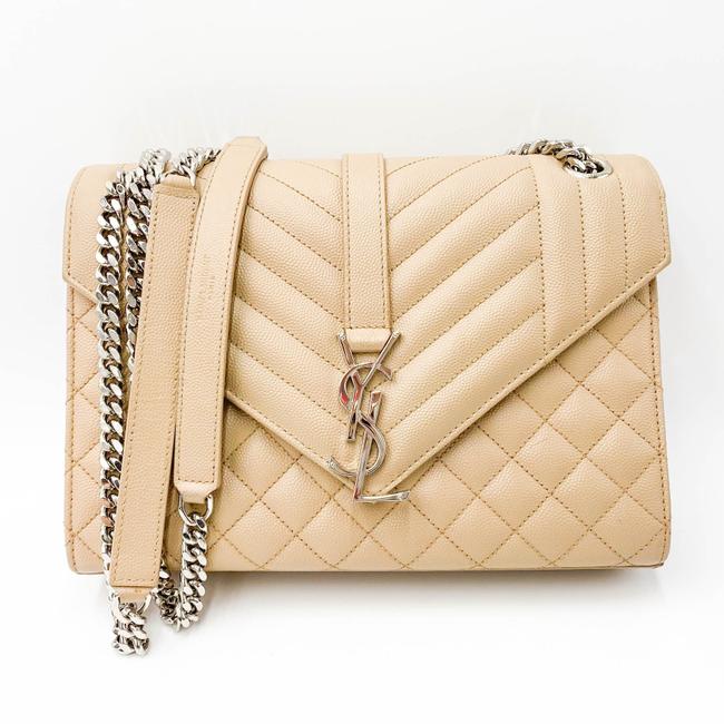 Saint Laurent Monogram Envelope Grain De Poudre Textured Mixed Matelasse Medium Triquilt Beige Leather Shoulder Bag