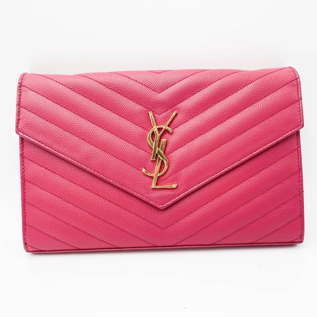 Saint Laurent Chain Wallet Grain De Poudre Matelasse Chevron Woc Lipstick Fuchsia Pink Leather Cross Body Bag