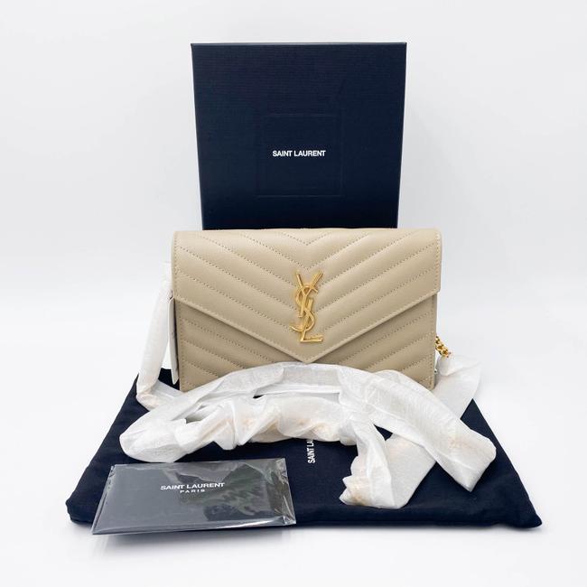 Saint Laurent Monogram Envelope Chain Wallet Grain De Poudre Matelasse Chevron Nude Beige Leather Shoulder Bag