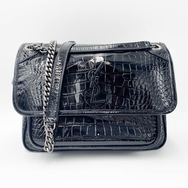 Saint Laurent Niki Medium Crocodile-embossed Black Patent Leather Shoulder Bag