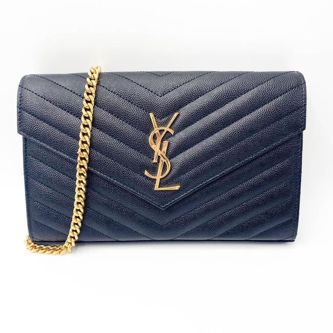 Saint Laurent Chain Wallet Ghw Matelasse Chevron Monogram Woc Black Leather Shoulder Bag