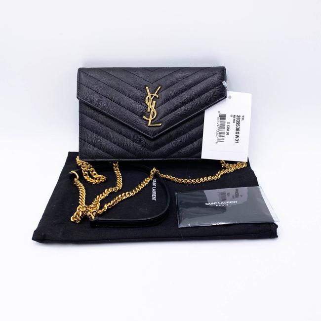 Saint Laurent Monogram Envelope Chain Wallet Grain De Poudre Matelasse Chevron Black Leather Shoulder Bag