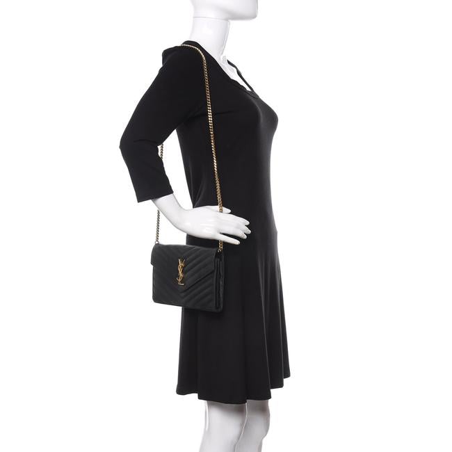 Saint Laurent Chain Wallet Grain De Poudre Matelasse Chevron Monogram Black Leather Shoulder Bag