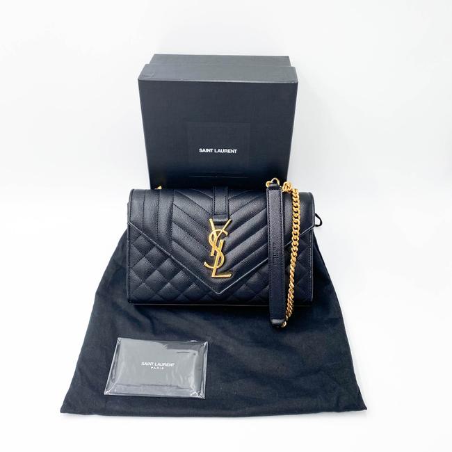 Saint Laurent Monogram Envelope Grain De Poudre Textured Mixed Matelasse Triquilt Small Black Leather Shoulder Bag