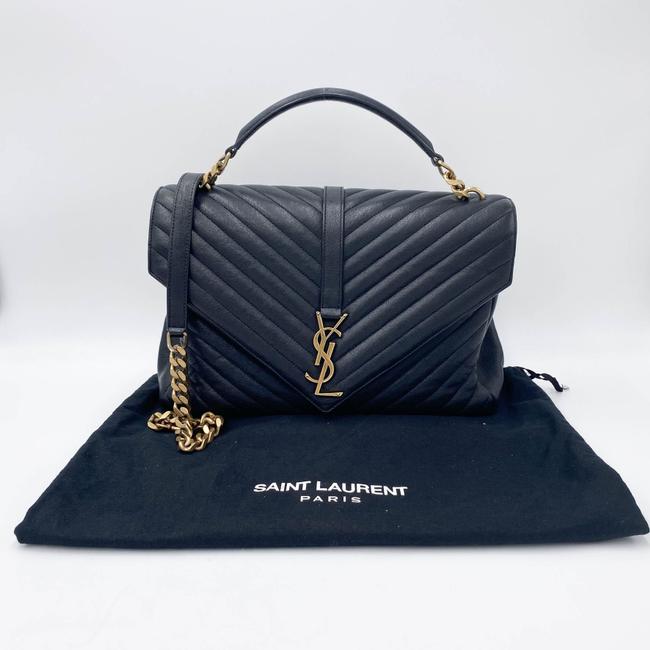 Saint Laurent Ghw Matelasse Chevron Monogram Large College Satchel Black Sheepskin Leather Shoulder Bag