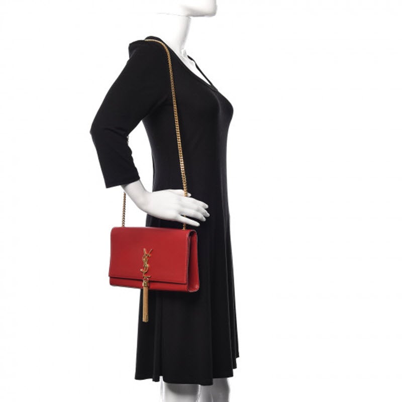 Saint Laurent Monogram Kate Smooth Medium Classic Tassel Red Calfskin Leather Satchel