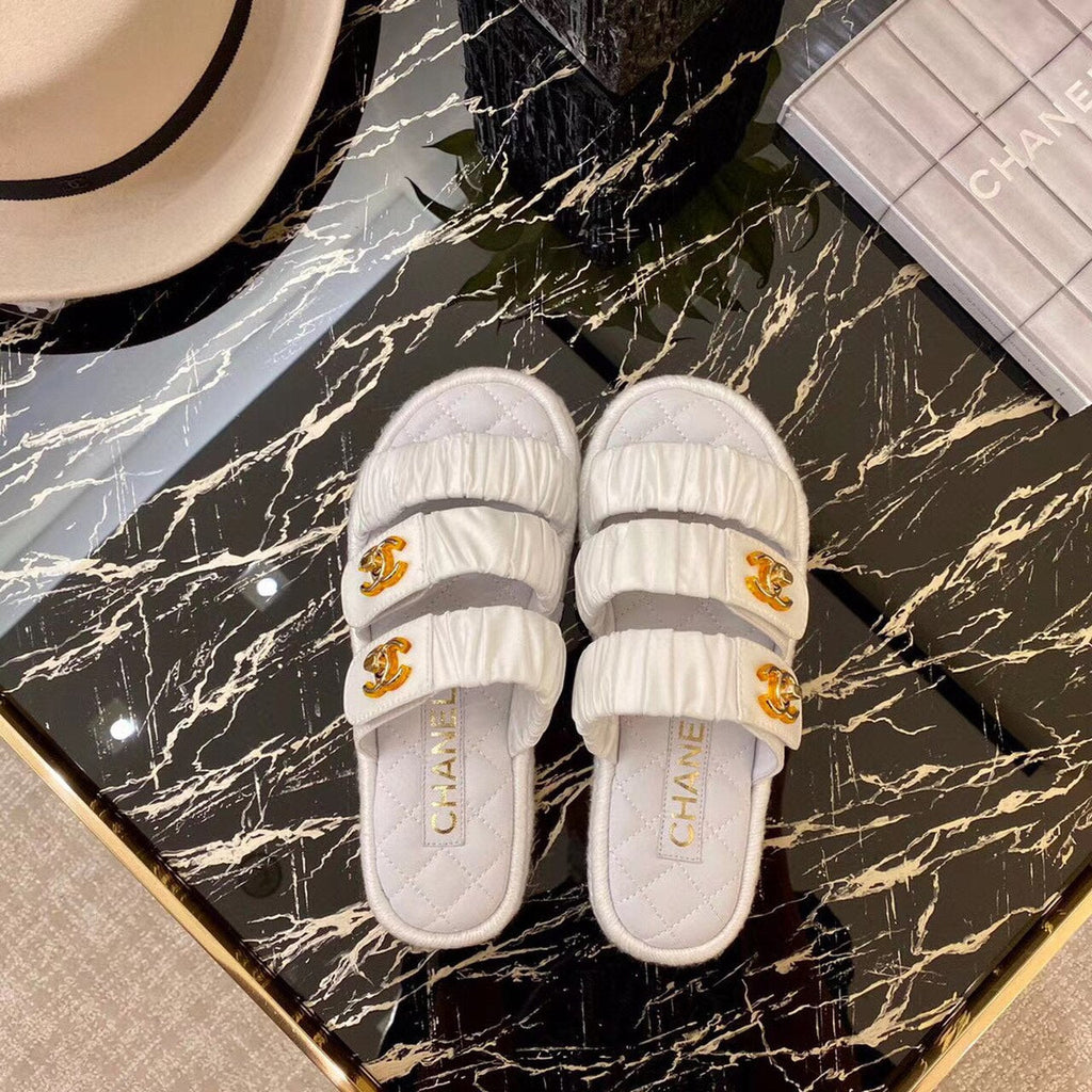 Chanel Ruched Mule Sandals Calfskin Leather Spring/Summer Collection White