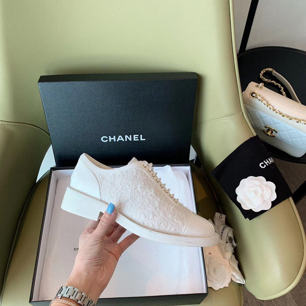 Chanel Tweed Lace Up Shoes Calfskin Leather Spring/Summer Collection White