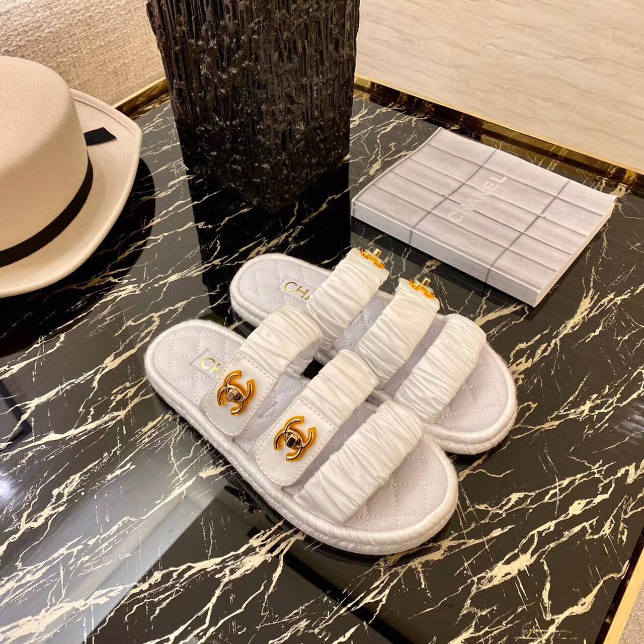 Chanel Ruched Mule Sandals Calfskin Leather Spring/Summer Collection White