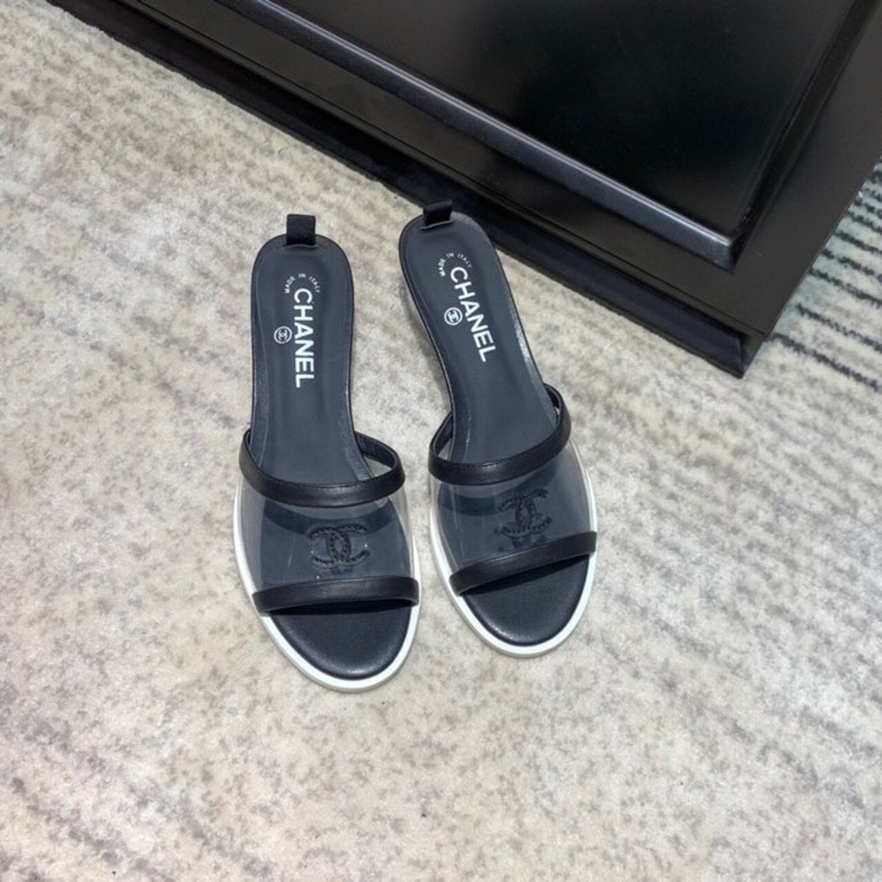 Chanel Logo Transparent PVC Mules Lambskin Leather Spring/Summer Collection Black