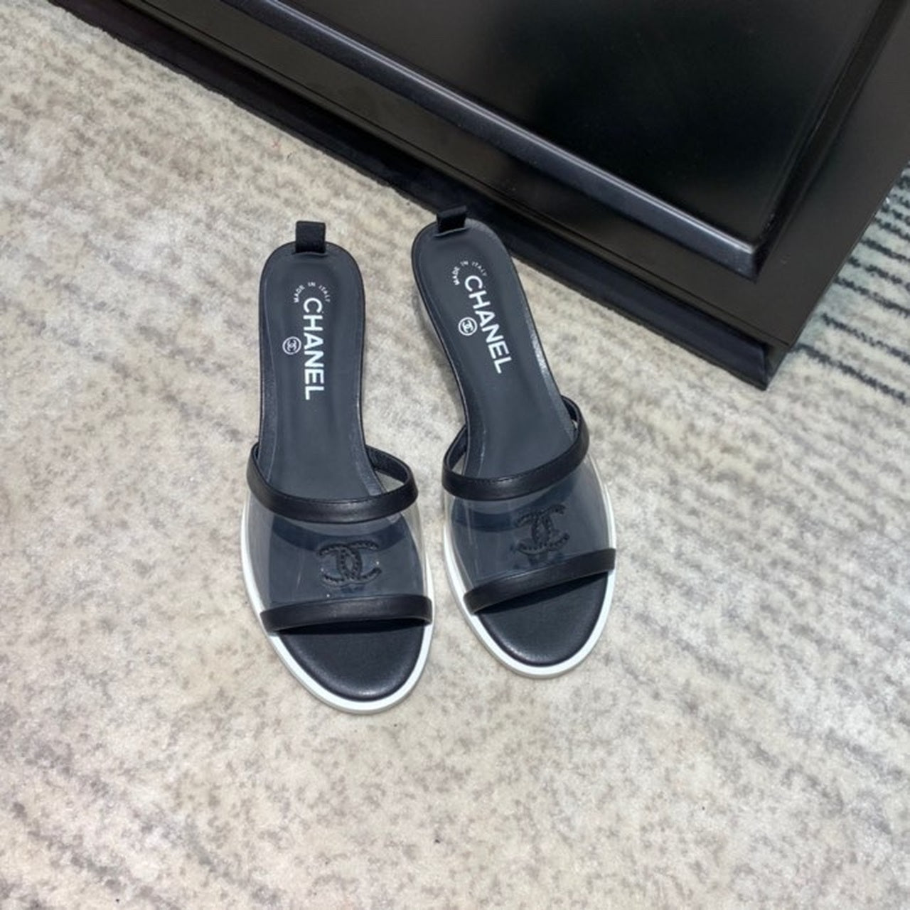 Chanel Logo Transparent PVC Mules Lambskin Leather Spring/Summer Collection Black