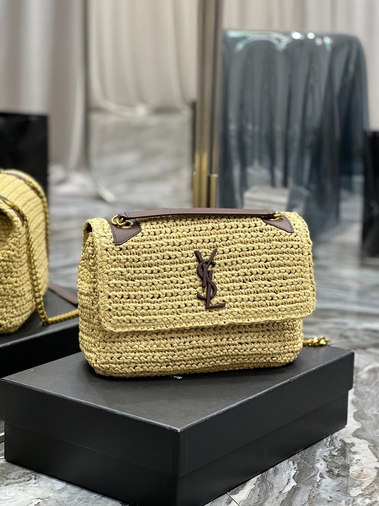 Saint Laurent Niki Medium Chain Bag In Rafia For Women 28cm Brown YSL 633187GG66W7069