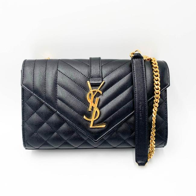 Saint Laurent Monogram Envelope Grain De Poudre Textured Mixed Matelasse Triquilt Small Black Leather Shoulder Bag