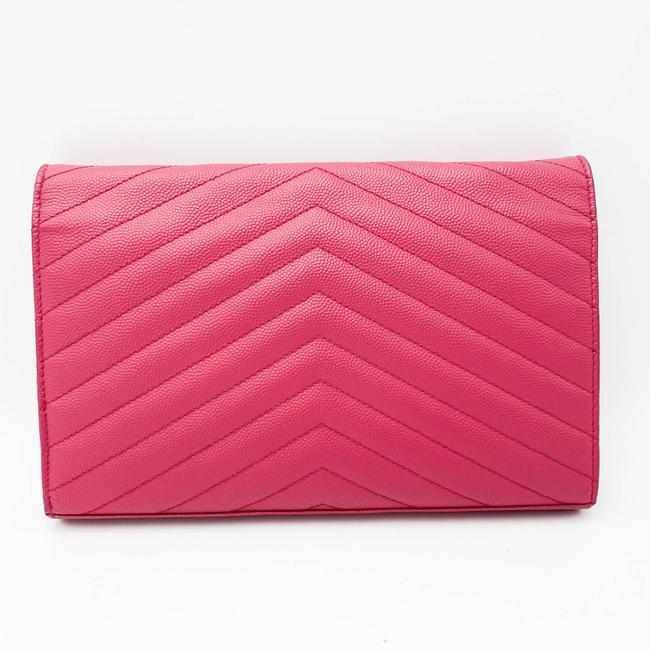 Saint Laurent Chain Wallet Grain De Poudre Matelasse Chevron Woc Lipstick Fuchsia Pink Leather Cross Body Bag