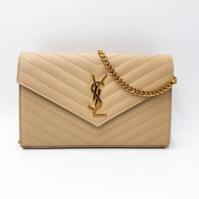 Saint Laurent Chain Wallet Grain De Poudre Matelasse Monogram Beige Leather Shoulder Bag