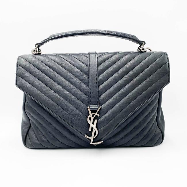 SAINT LAURENT Sheepskin Matelasse Chevron Monogram Large College Satchel Black Leather Shoulder Bag