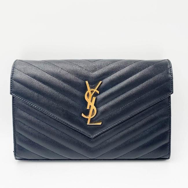 Saint Laurent Chain Wallet Grain De Poudre Matelasse Chevron Monogram Black Leather Shoulder Bag