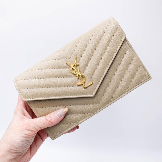 Saint Laurent Monogram Envelope Chain Wallet Grain De Poudre Matelasse Chevron Nude Beige Leather Shoulder Bag