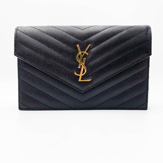 Saint Laurent Monogram Envelope Chain Wallet Grain De Poudre Matelasse Chevron Black Leather Shoulder Bag