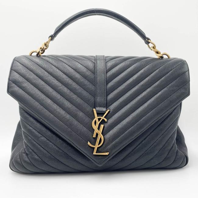 Saint Laurent Ghw Matelasse Chevron Monogram Large College Satchel Black Sheepskin Leather Shoulder Bag