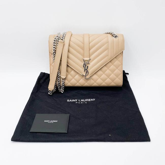 Saint Laurent Monogram Envelope Grain De Poudre Textured Mixed Matelasse Medium Triquilt Beige Leather Shoulder Bag