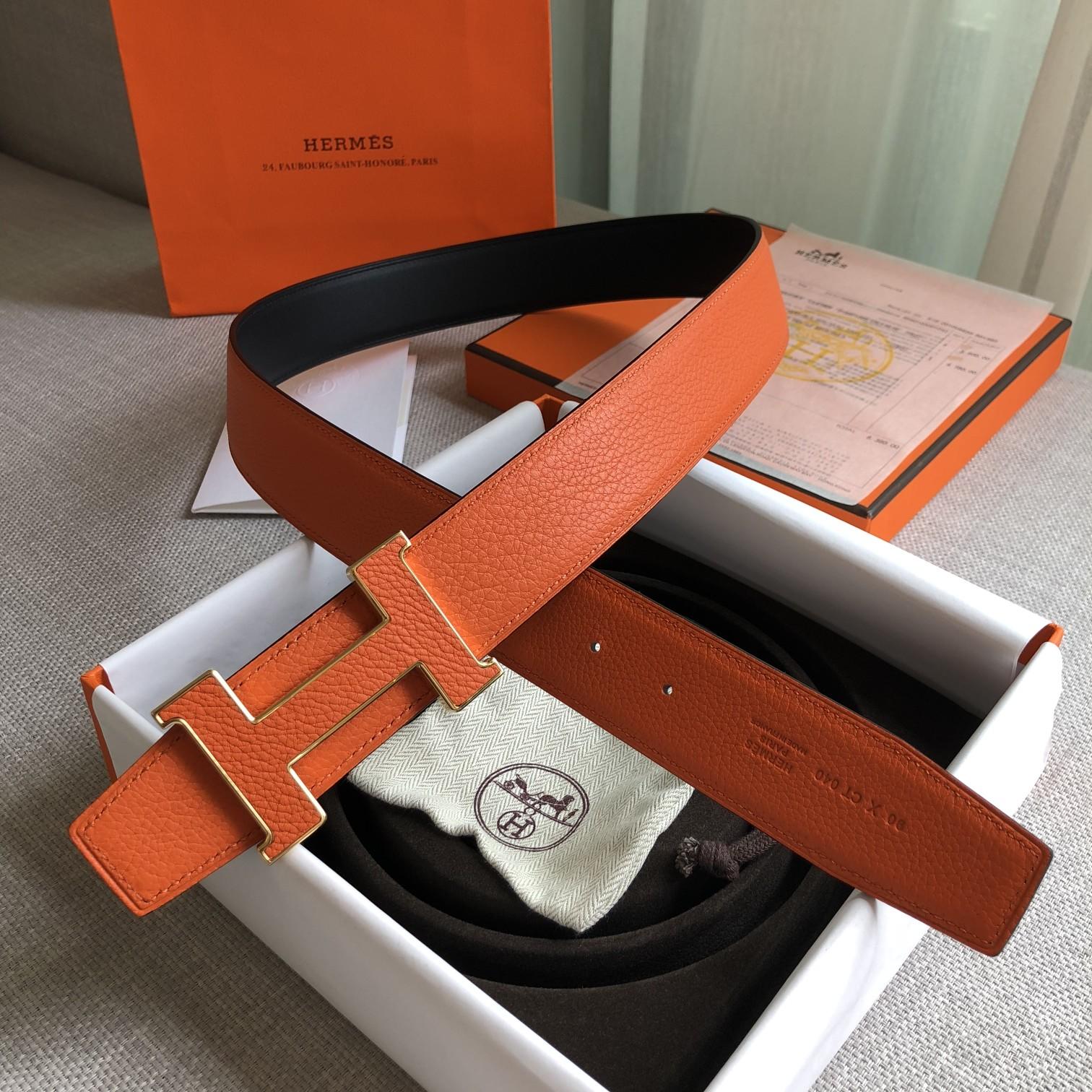 Hermes H Guillochee Belt Buckle & Reversible Leather Strap Orange