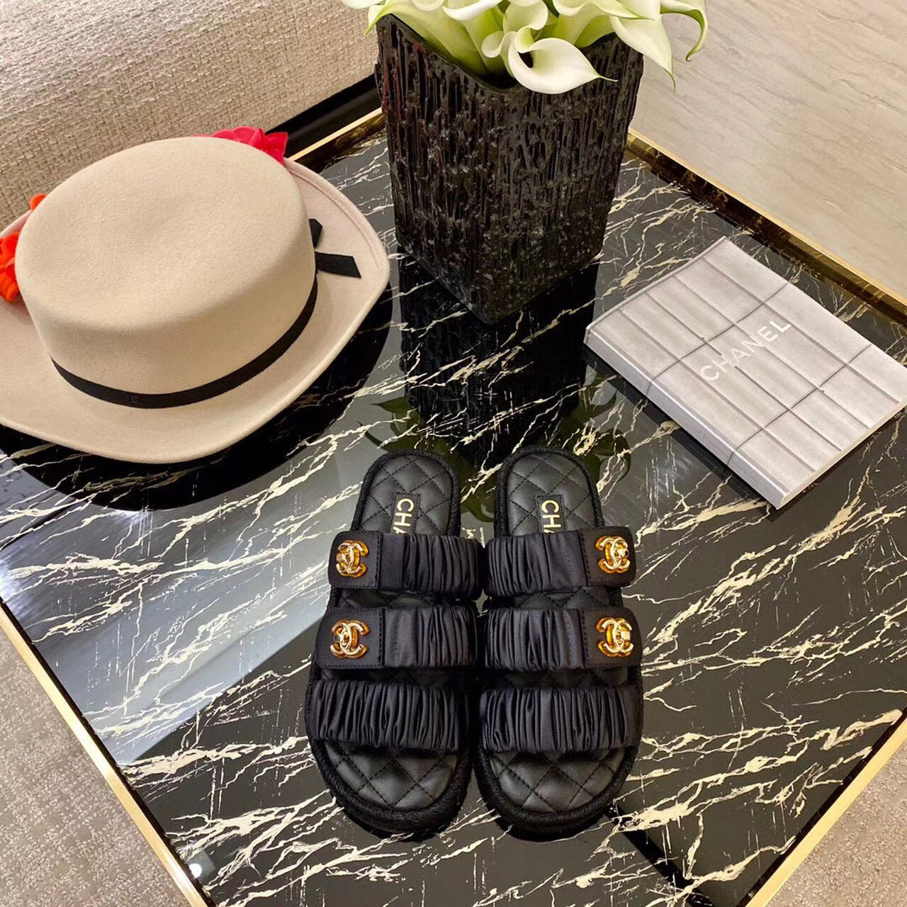 Chanel Ruched Mule Sandals Calfskin Leather Spring/Summer Collection Black