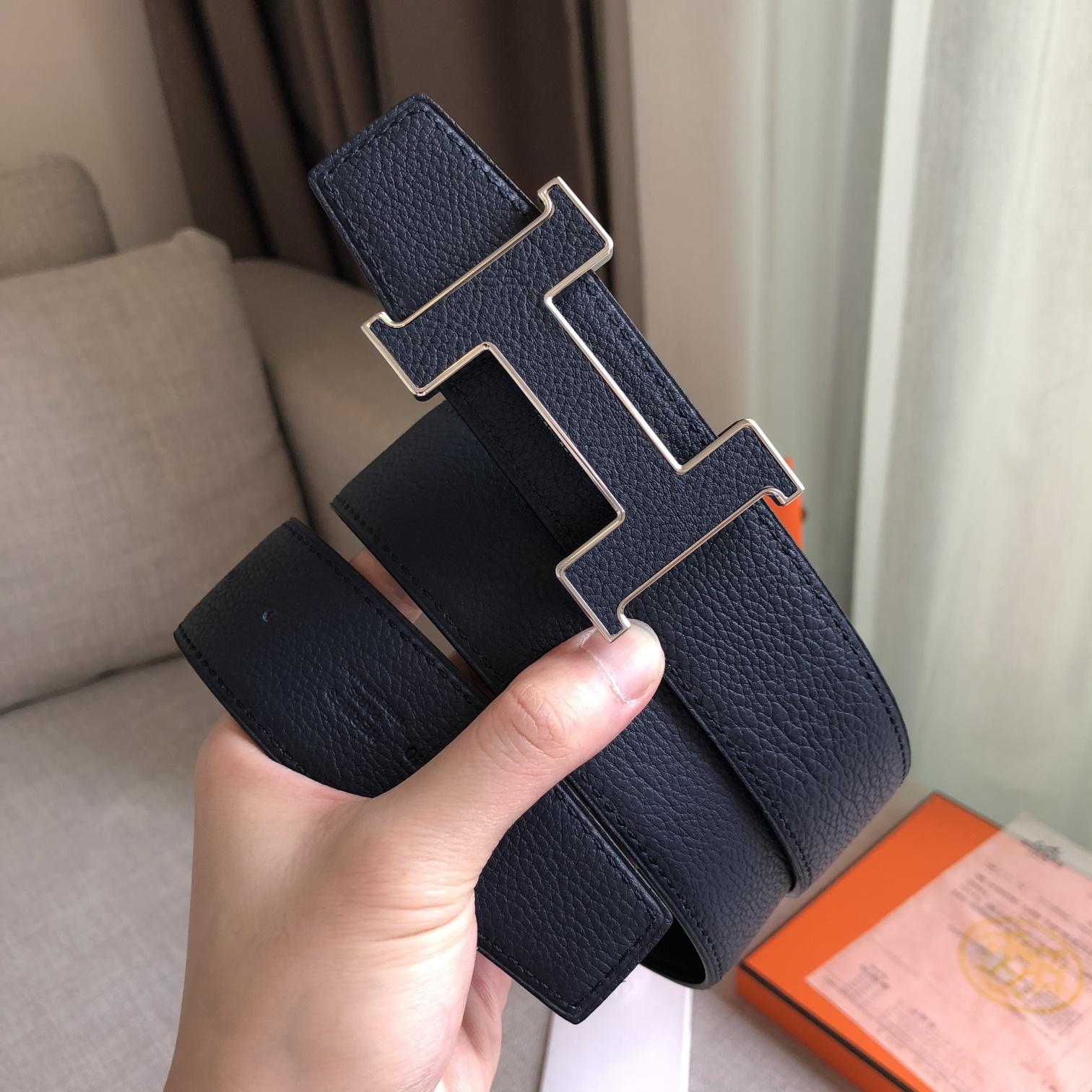 Hermes H Guillochee Belt Buckle & Reversible Leather Strap Black