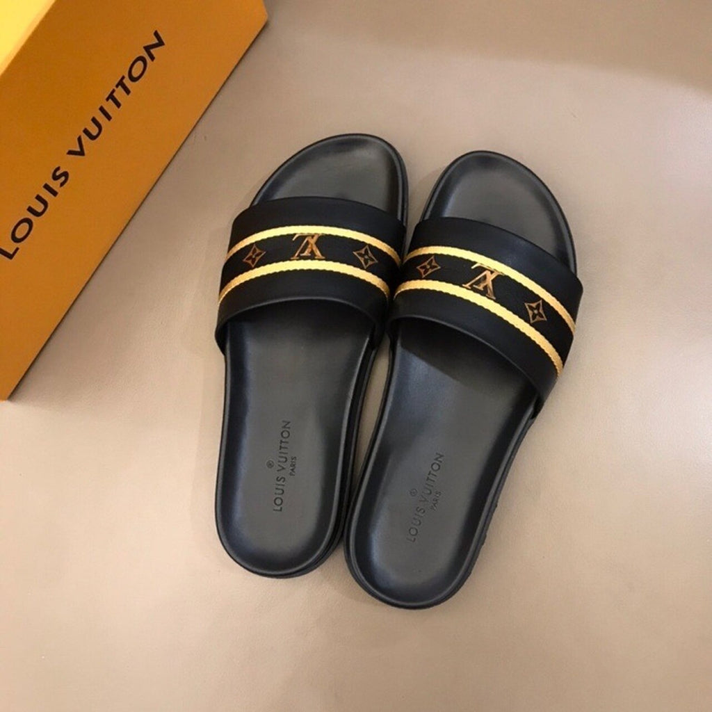 Louis Vuitton Single Strap Mules Mens Sandals Canvas Spring/Summer Collection Black/Gold