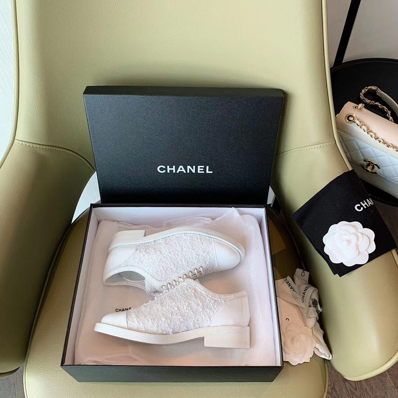 Chanel Tweed Lace Up Shoes Calfskin Leather Spring/Summer Collection White