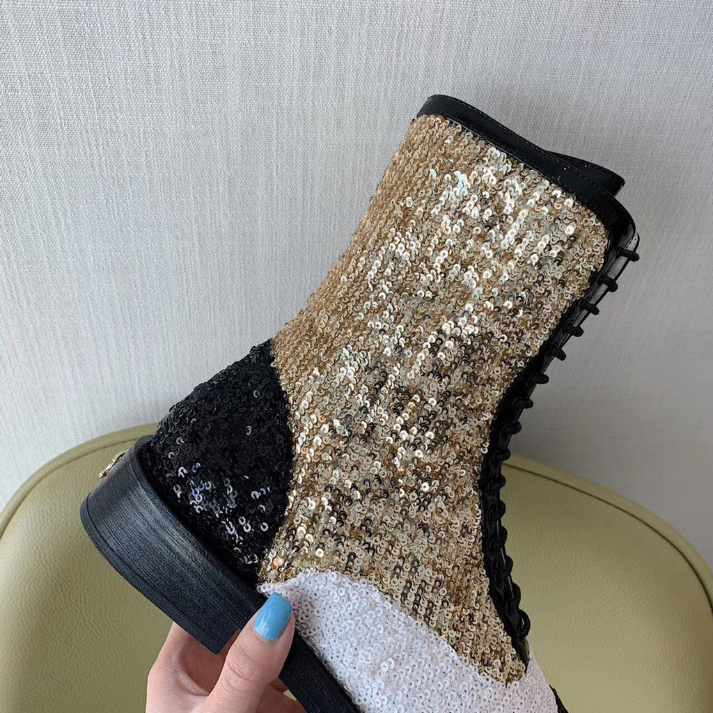 Chanel Sequin/Tweed Lace Up Combat Boots Calfskin Leather Spring/Summer Collection White/Black/Gold