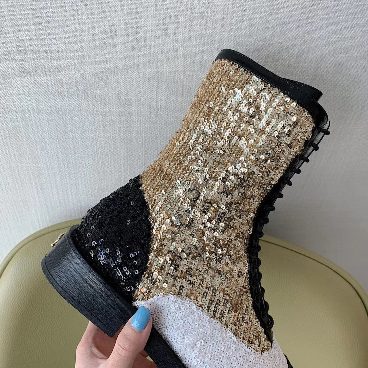 Chanel Sequin/Tweed Lace Up Combat Boots Calfskin Leather Spring/Summer Collection White/Black/Gold