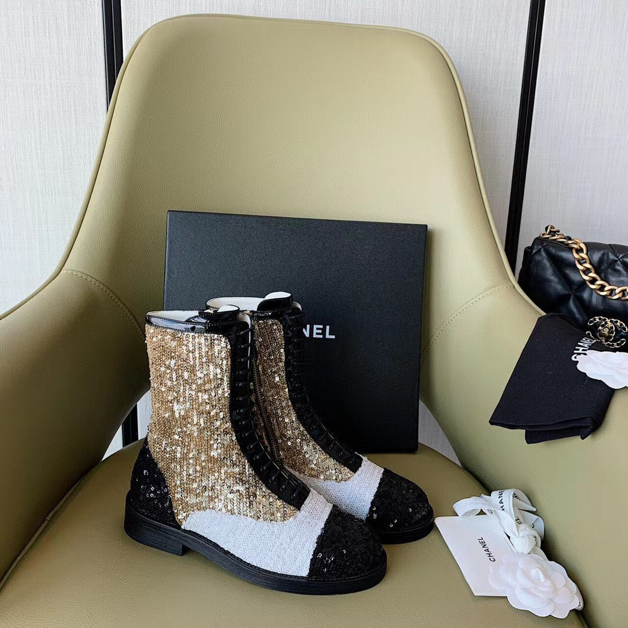 Chanel Sequin/Tweed Lace Up Combat Boots Calfskin Leather Spring/Summer Collection White/Black/Gold