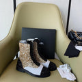Chanel Sequin/Tweed Lace Up Combat Boots Calfskin Leather Spring/Summer Collection White/Black/Gold