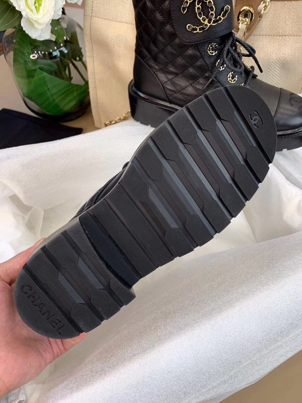 Chanel Quilted CC Lace Up Boots Lambskin Leather Spring/Summer Collection, Black