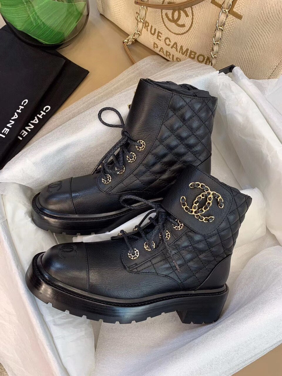 Chanel Quilted CC Lace Up Boots Lambskin Leather Spring/Summer Collection, Black