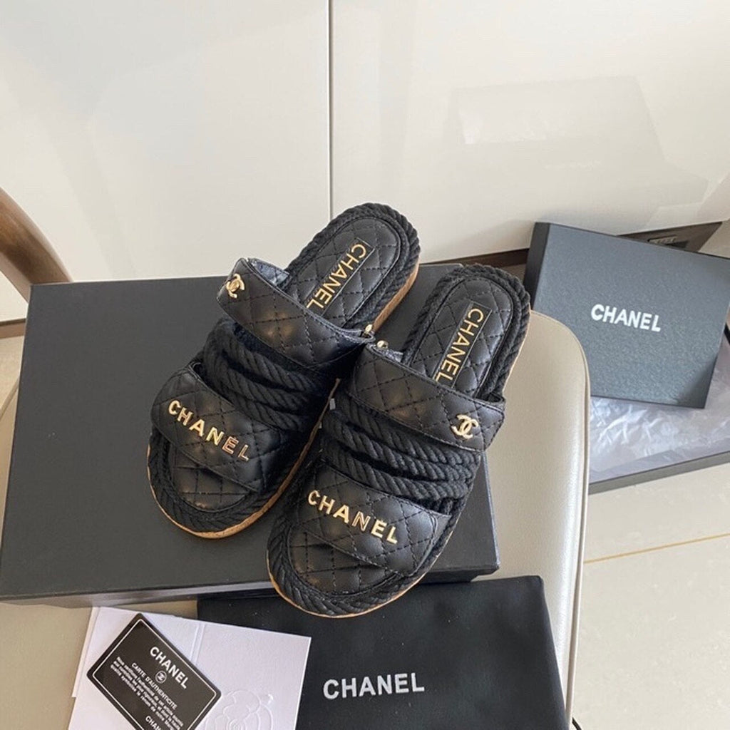 Chanel Velcro Rope Strappy Mules Calfskin Leather Spring/Summer Collection Black