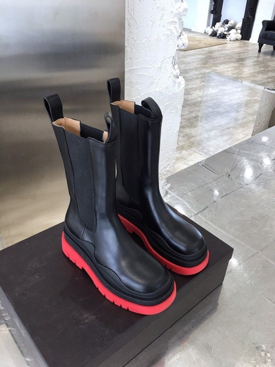 Bottega Veneta Flat Triple-Sole Leather Boots Calfskin Leather Fall/Winter 2020 Collection, Black/Red