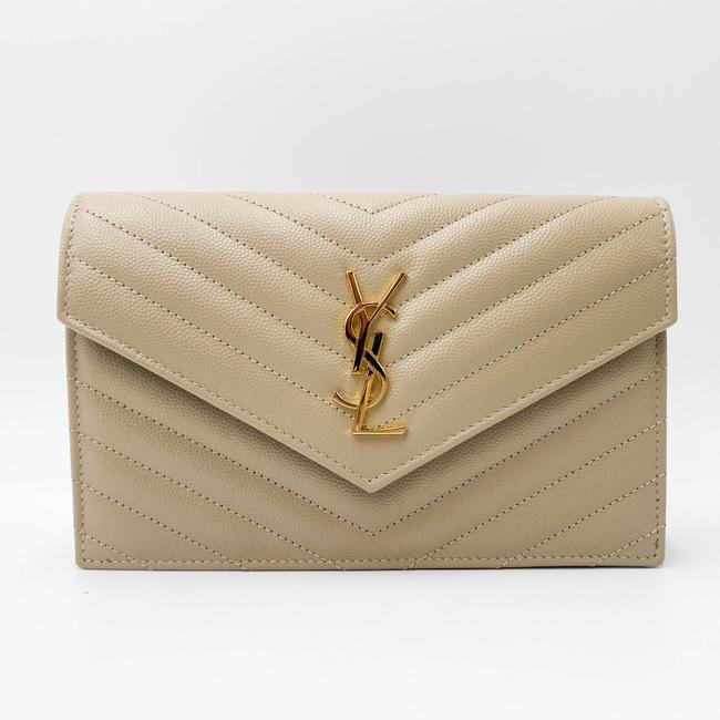 Saint Laurent Monogram Envelope Chain Wallet Grain De Poudre Matelasse Chevron Nude Beige Leather Shoulder Bag