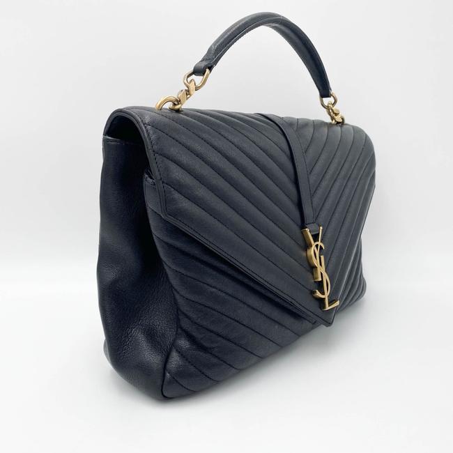 Saint Laurent Ghw Matelasse Chevron Monogram Large College Satchel Black Sheepskin Leather Shoulder Bag