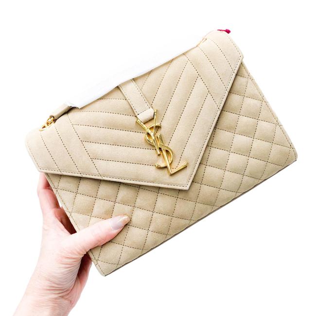 Saint Laurent Monogram Envelope Medium Beige Suede Leather Shoulder Bag