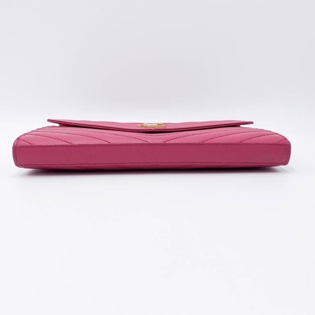 Saint Laurent Chain Wallet Grain De Poudre Matelasse Chevron Woc Lipstick Fuchsia Pink Leather Cross Body Bag