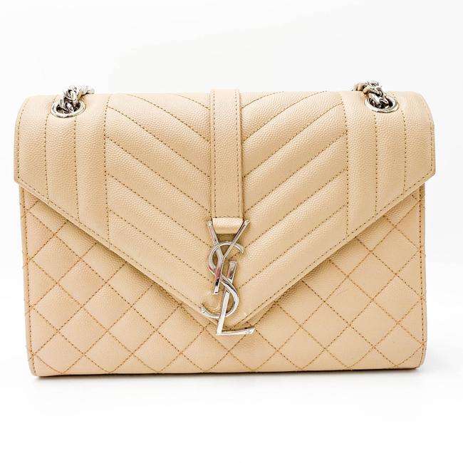 Saint Laurent Monogram Envelope Grain De Poudre Textured Mixed Matelasse Medium Triquilt Beige Leather Shoulder Bag